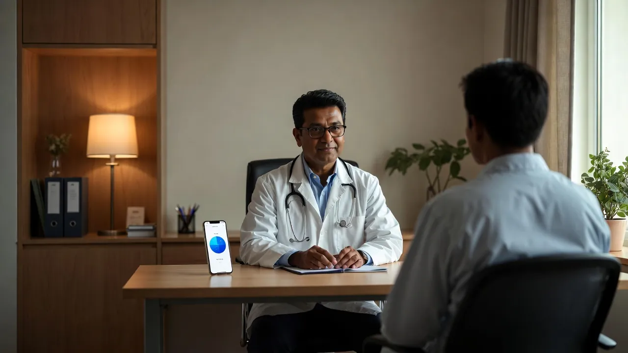 A doctor in his chamber with a patient, a phone standing on the desk
