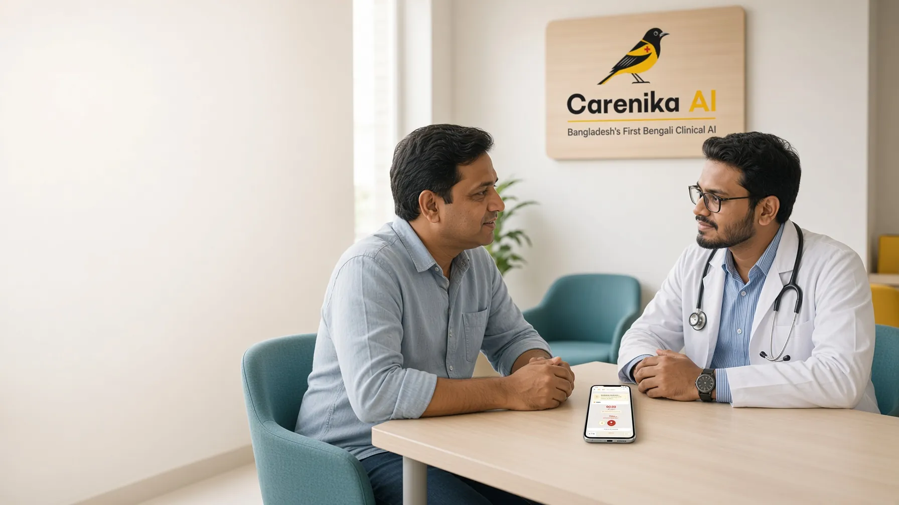 A doctor talking with a patient across a desk, with Carenika recording on a phone between them
